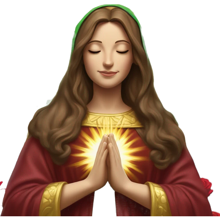 Virgin Mary: kind face looking down at the left, long brown hair, Wearing an emerald green  robe with gold stars and a burgundy red dress,  Hands in prayer or blessing. Halo around her head. standing in front of a big sun. colorful roses on the sides  emoji