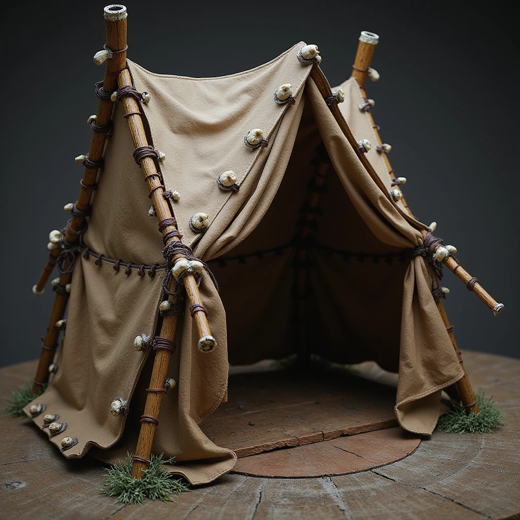 orc tent, realistic style, rustic materials, leather, wood, bones, menacing appearance emoji
