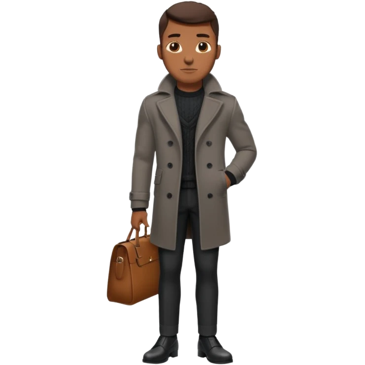 Handsome Black guy with brown skin tone, with lean muscular build, wearing black slacks, a gray sweater, long brown pea coat, and black shoes emoji
