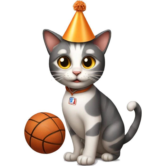 cat playing basketball wearing a birthday hat emoji