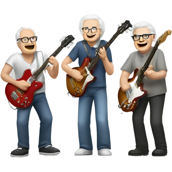 Three white senior musicians jamming one on guitar one on bass and one on cowbell emoji