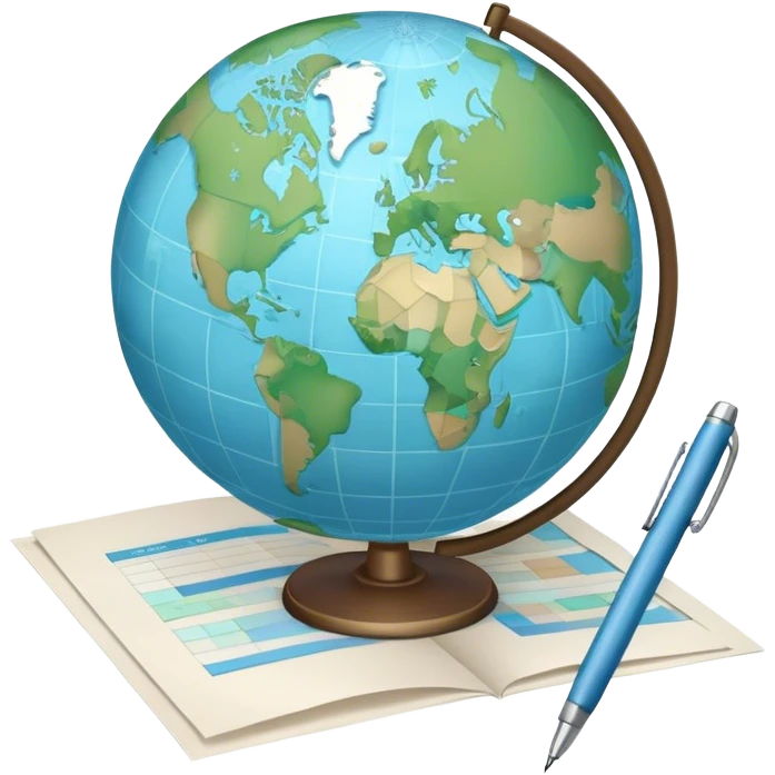 Create an emoji representing language translation. The design should feature just one globe in the background, symbolizing international communication. In front of the globe, place two books or sheets of paper with texs on them and a pen nearby to indicate the act of writing. Use a clean and professional color palette with blues, greens, and neutral tones. Make the background transparent. emoji