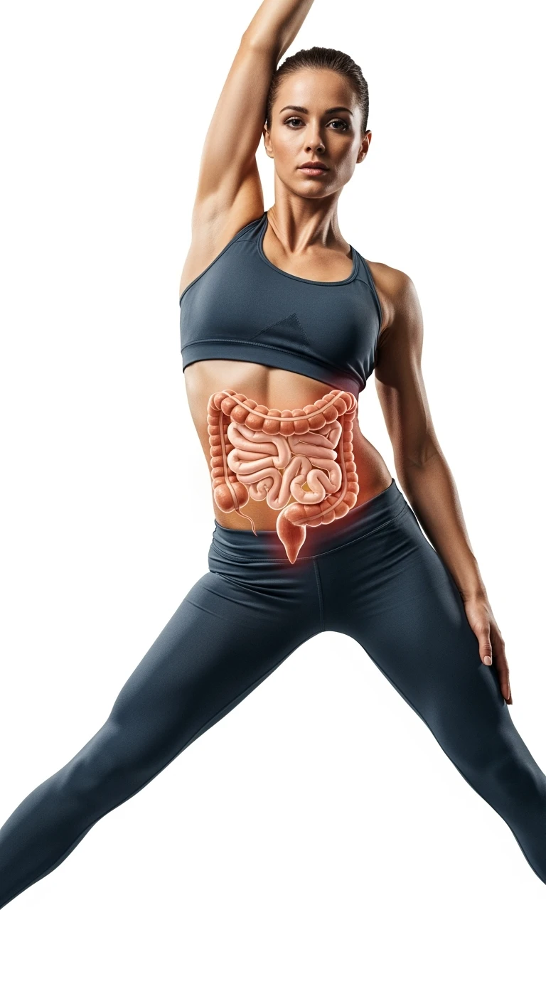 donna che fa stretching con intestino umano anatomico in evidenza, realistica 4k sfondo bianco emoji