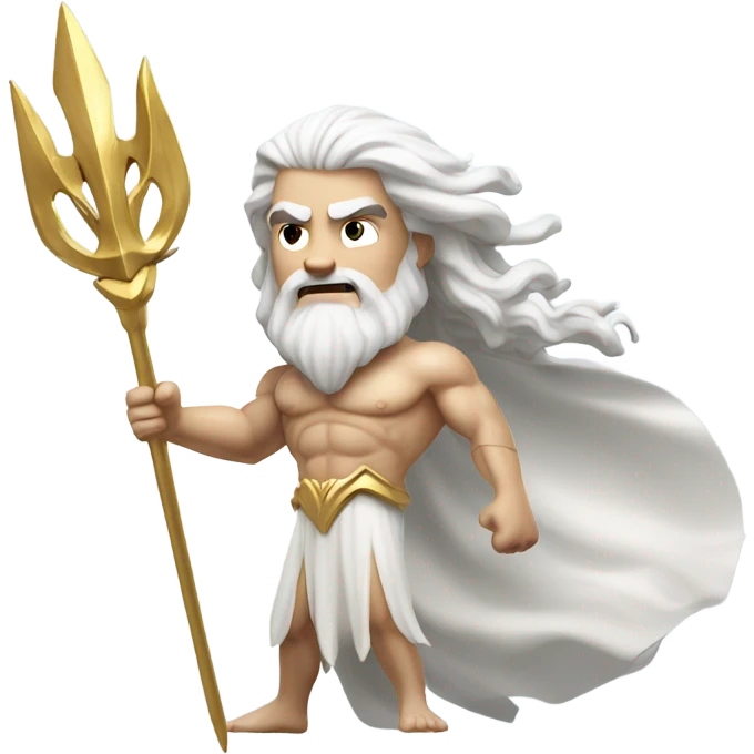 white man Poseidon with gold Trident. long white hair white dress. show biceps emoji