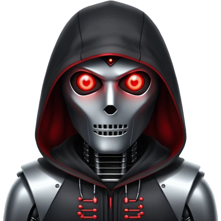 Evil robot hacker with glowing red eyes, dark hood, binary code, sinister expression emoji