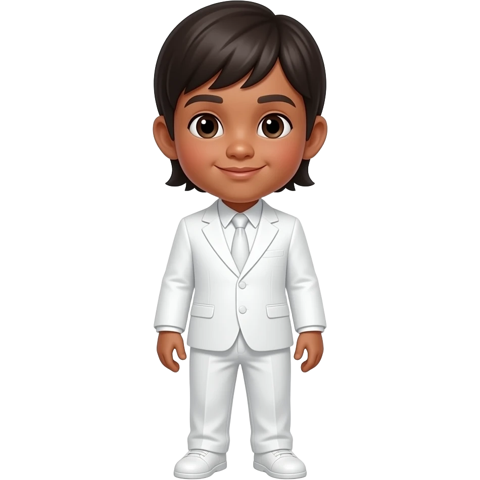 A full body dark skinned midget philipino child with a mushroom cut wearing a white suit with a haircut like the Beatles emoji