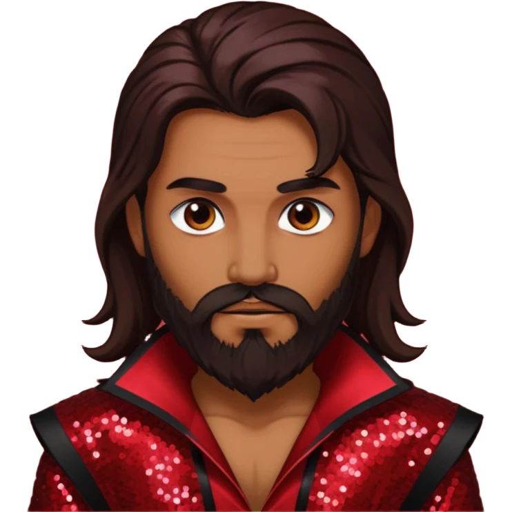 Samael, Poison of God from Gods and Goddesses with tan skin, long dark brown and beard, dark red sequin outfit emoji