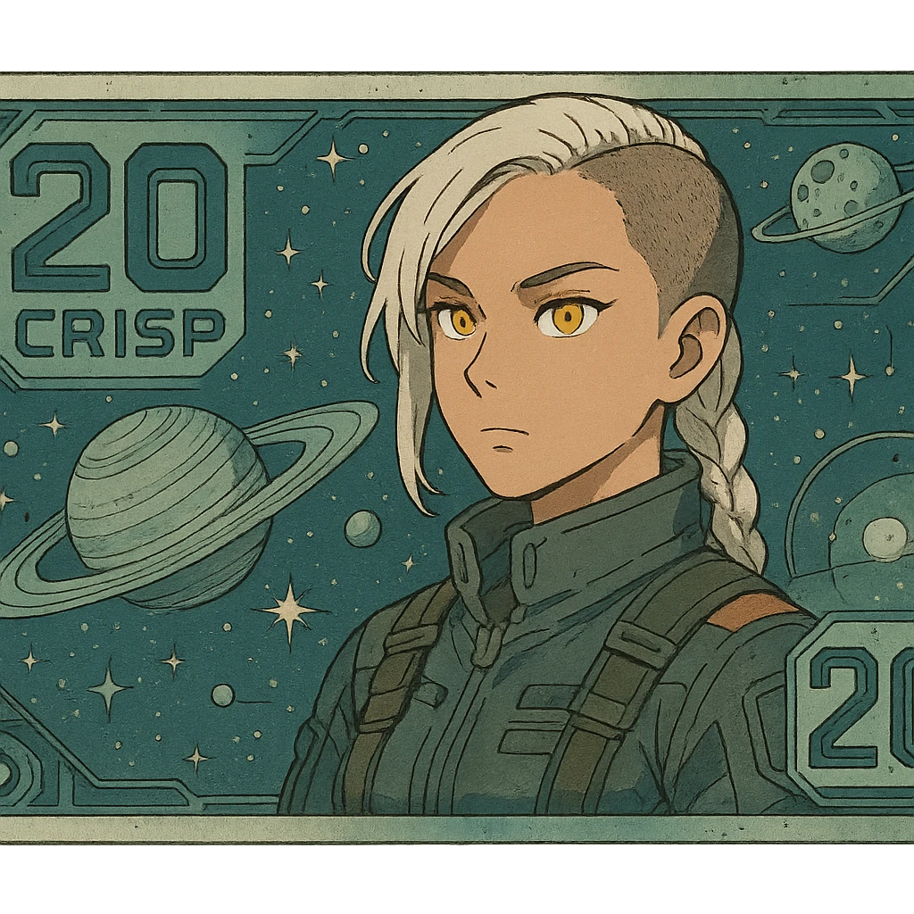 a banknote bill. full frame close up of a "20 crisp" banknote. futuristic, cyberpunk. stellar and planetary style designs adorn the bill. the face pictures is a woman in her 20's, gold yellow eyes, white hair in a single long braid, side of head shaved. she wears a military flight bdu. the final design shape is a 2:1 rectangle emoji
