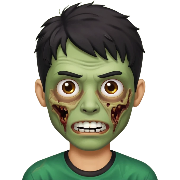 zombi emoji man with a fringe wavy medium black hair, mouth with a white teeth, nose, eyes brown, brown eyebrow, green skin, black shirt emoji