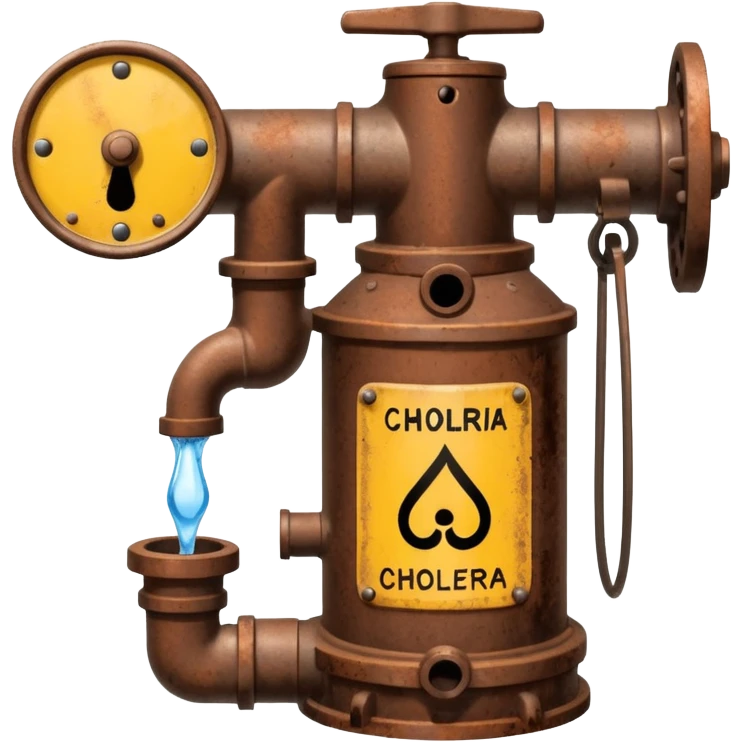 a Ghibli-style water pump with a warning sign about cholera emoji
