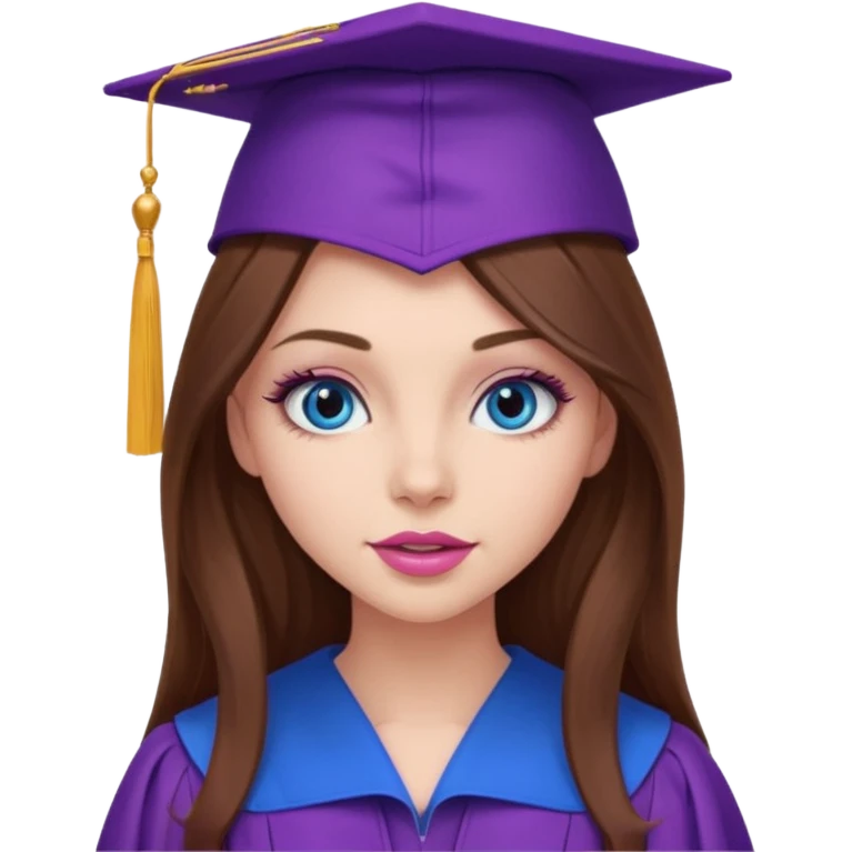 girl with gorgeous long brown hair, blue eyes, long lashes makeup, sexy pink lips, wearing a purple graduation cap and gown emoji