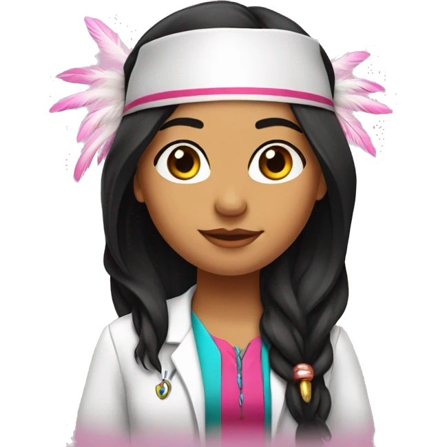  young beautiful Native American female idol scientist with feather earrings & long black hair with pink accents emoji