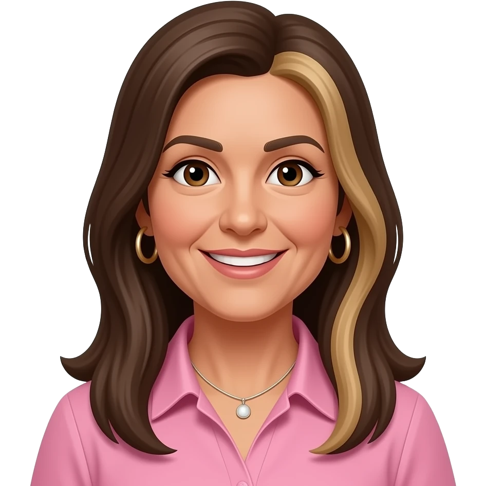woman early 50s, dark brown eyes, very long straight hair all with highlights one length with side parting, hoop earrings, necklace, pink collared shirt, slighlty tanned skin, open smile longer hair emoji