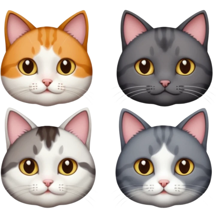 4 different coloured short haired cats including; a dark brown and white cat, and a dark grey and white  emoji