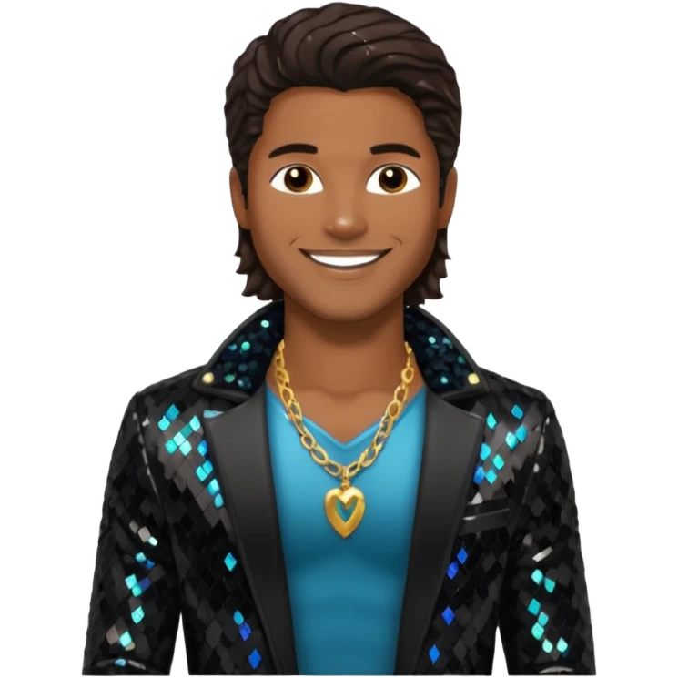 Eric Benét with long dark brown hair, black sequin jacket, shirtless with necklace emoji