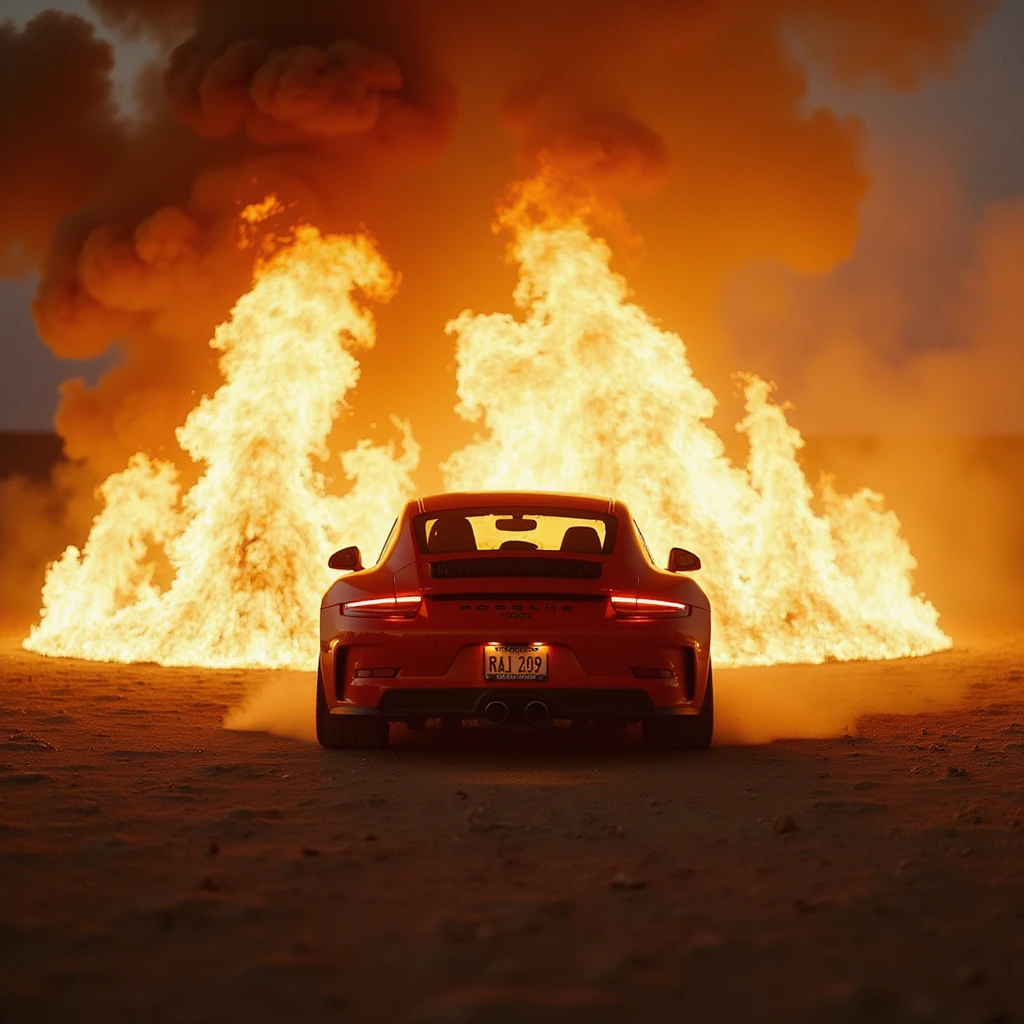 Cinematic shot, Porsche 911 gt3 rs in fire, desert emoji