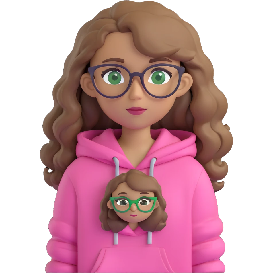 cartoon girl, dark blonde wavy hair, green eyes, pink hoodie, brown glasses emoji