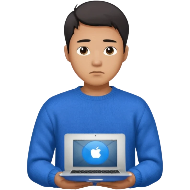 a asian handsome guy wearing a blue knit with white shirt, looking sad, holding a macbook, only upper body, high quality emoji