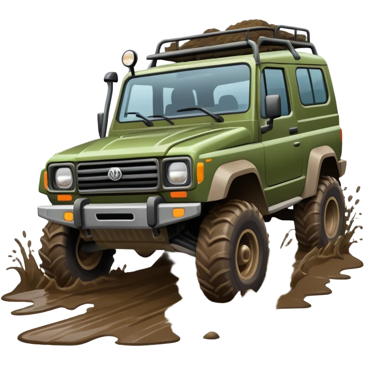 An icon showing an off-road vehicle driving through muddy terrain, inspired by Expeditions: A MudRunner Game. The design features splashing mud, rugged tracks, and dynamic movement, symbolizing the challenge of navigating tough landscapes. Transparent background emoji