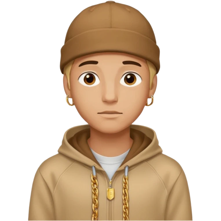 {
  "type": "human",
  "look": "male, tan hoodie, brown cap, gold jewelry, calm face, front view",
  "description": "a young man wearing a hoodie and cap, looking relaxed and confident"
} emoji
