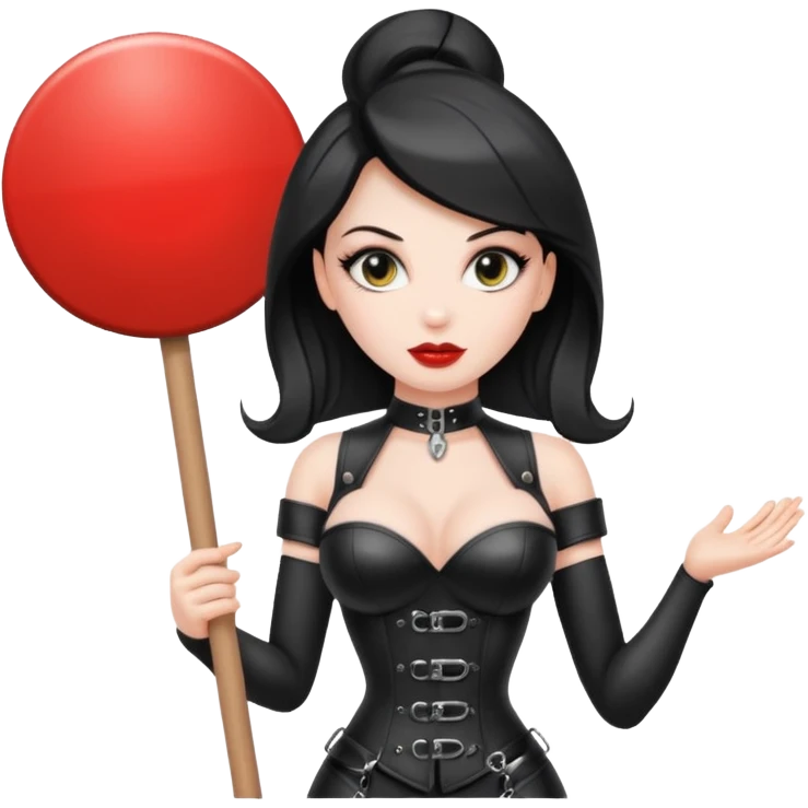 A dominatrix holding a large sign emoji