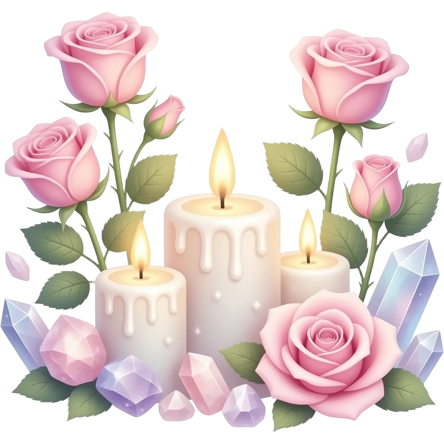 Aesthetic scenic romantic pastel roses pastels beautiful gorgeous holy divine spiritual pretty elegant sparkly shiny scene of Candles, flowers, plants leaves, rose quartz crystals, scenic aesthetic scenery Transparent background emoji