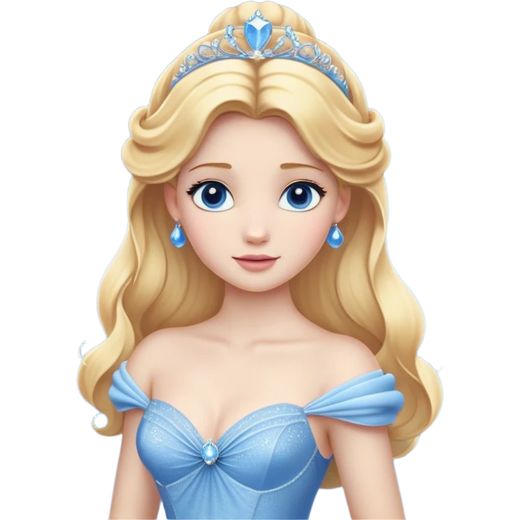 Cinematic Realistic Cute Cinderella Portrait, featuring fair, luminous skin with finely detailed texture and softly lit golden-blonde hair cascading in gentle waves. Her warm, inviting blue eyes sparkle with youthful charm and curiosity, while her classic, elegantly draped ball gown reveals meticulously rendered fabric details and natural folds. The overall composition is bathed in a gentle, realistic radiance that exudes both playfulness and heartfelt beauty. emoji
