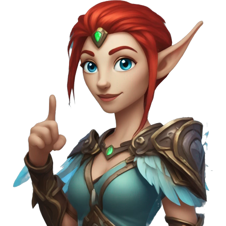 Night Elf Female with red hair, angular feathers, glowing blue eyes with no iris or sclera, thumbs up emoji