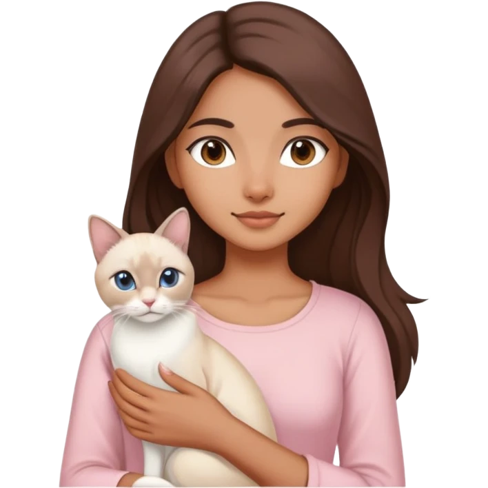 a north-east indian girl with long brown hair wearing a soft pink top holding a white siamese cat emoji
