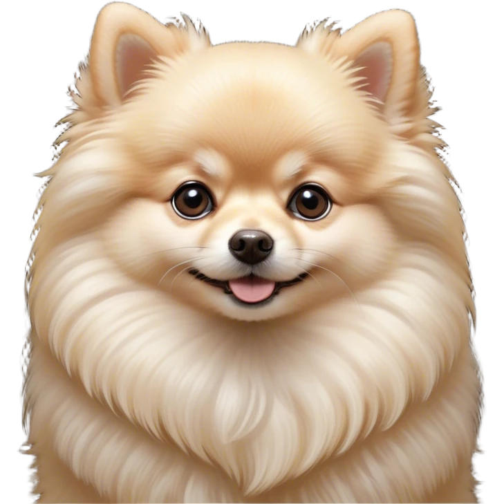 Cinematic Cute Cream Pomeranian Portrait Emoji, Head tilted playfully and inquisitively, featuring a luxurious, fluffy cream Fur with a natural sheen, round, sparkling dark eyes filled with curiosity, Simplified yet irresistibly adorable features, highly detailed, glowing with a warm, friendly glow, high shine, affectionate and lively, stylized with a touch of whimsy, bright and endearing, soft glowing outline, capturing the essence of a mischievous yet loving pup, so playful it feels like it could scamper out of the screen and into your arms! emoji