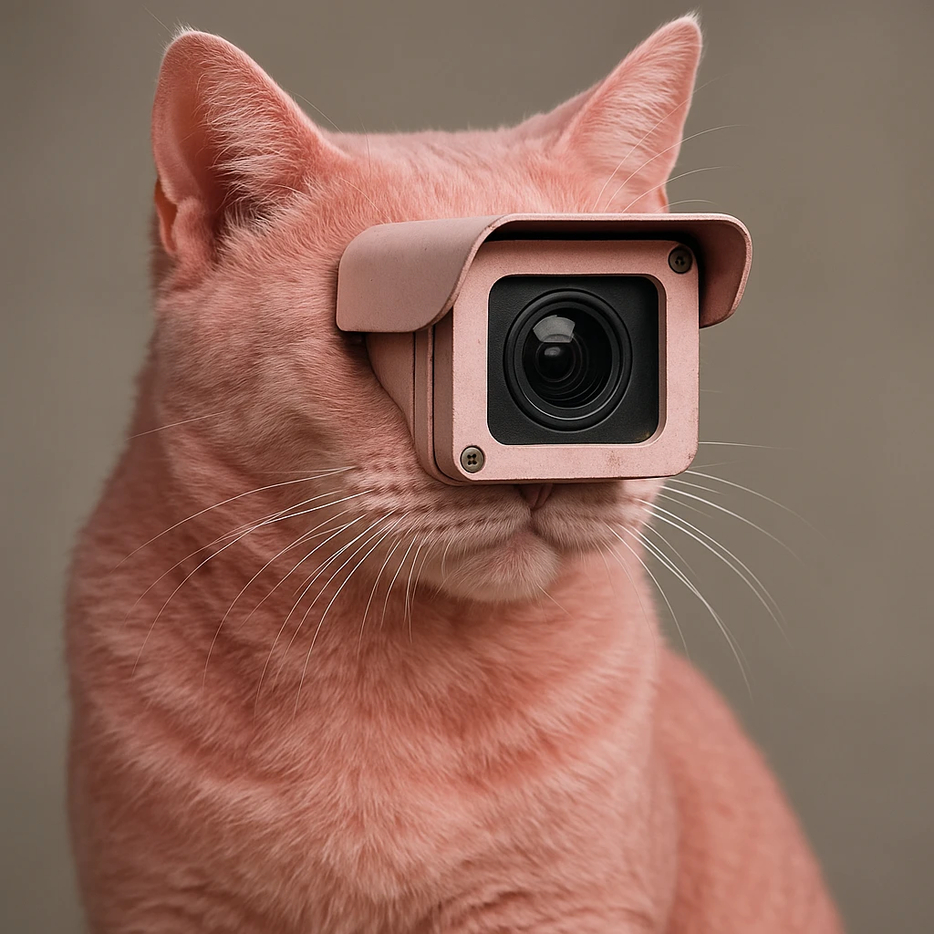 a pink cat with CCTV camera features, realistic details, lifelike, modern emoji
