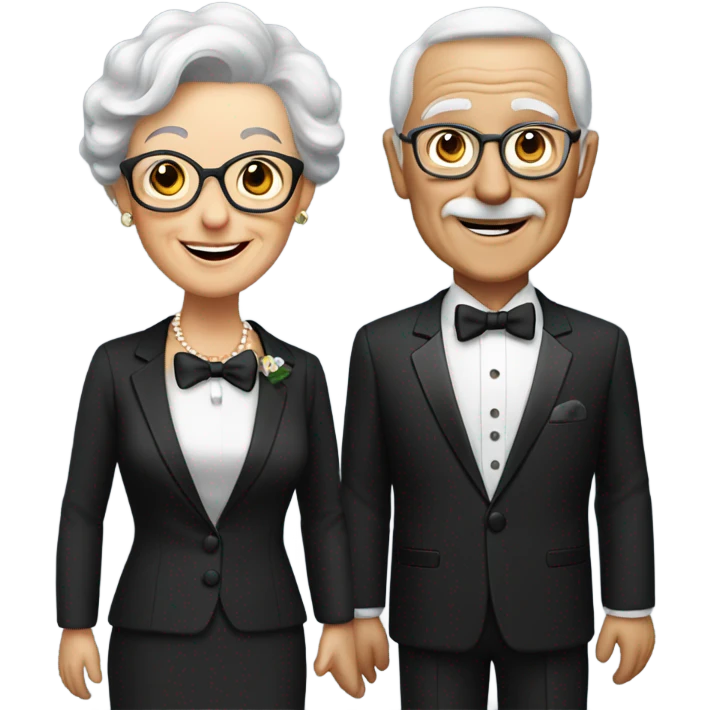 Elderly couple smiling in formal attire, tuxedo, brown hair emoji