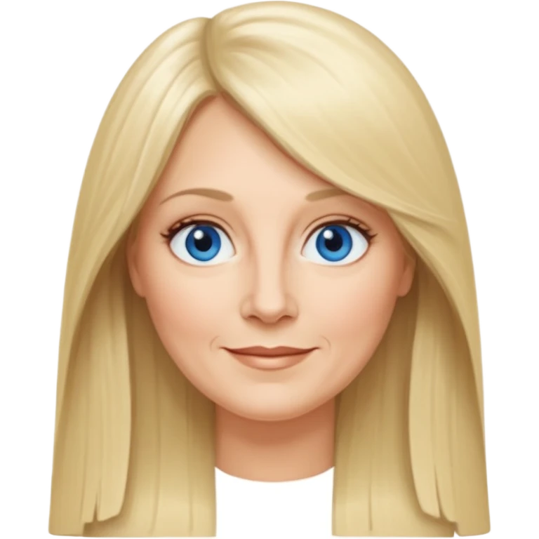 50 yr old white woman, curtain bangs, very long straight blond hair, oval face, small smile, blue eyes, thin face, hair downback, middle part round cheeks, pale, longer hair emoji