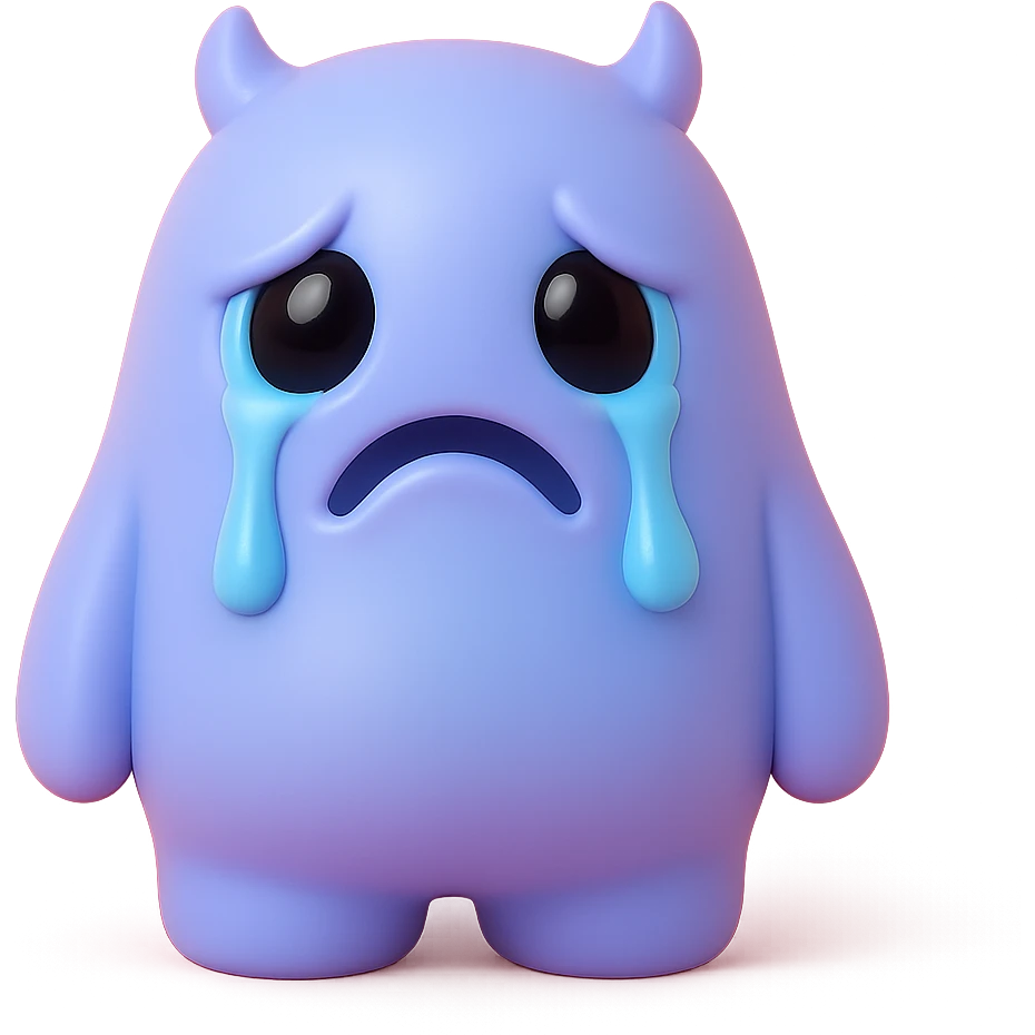monster with big teary eyes, drooping mouth, tears streaming down its face, soft blue and purple colors, toy-like vinyl figure style emoji