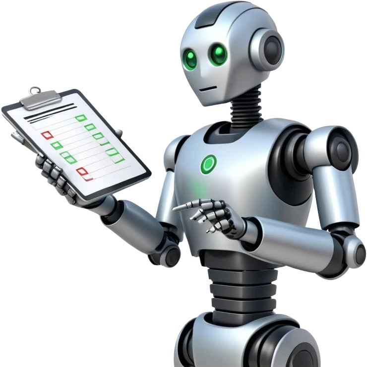 robot upper bodies checking another robot's work with a checklist and a green checkbox emoji