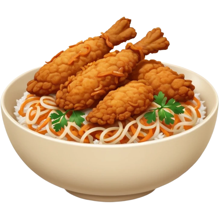 iOS-style minimal food emoji of a rice bowl with crispy fried chicken tenders, fried onions, sweet-and-sour sauce, and parsley garnish, smooth shapes, vibrant natural colors, clean vector-like rendering, transparent background. emoji