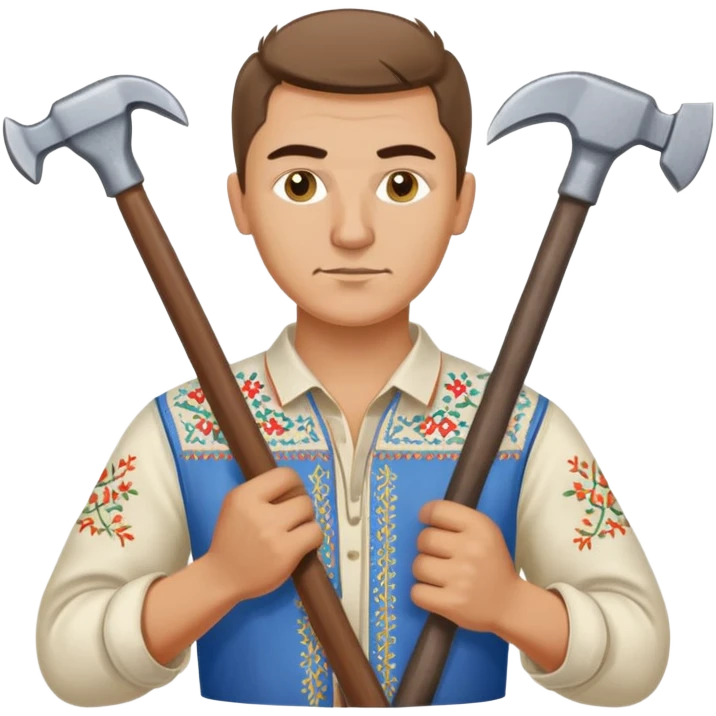 Ukrainian man wearing traditional embroidered vyshyvanka shirt holding construction tools like hammer and wrench emoji
