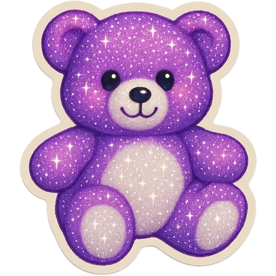 Add a glitter effect to the purple and white teddy bear's fur, keep it soft and plush, no shadows, flat lighting, no background. emoji