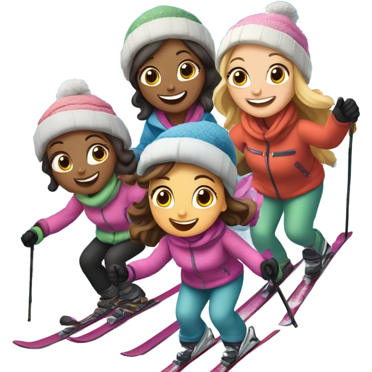 2 pairs of moms and daughters skiing down a mountain on Christmas. 1 daughter and Two of the moms are fair skinned and the other daughter is olive skinned  emoji