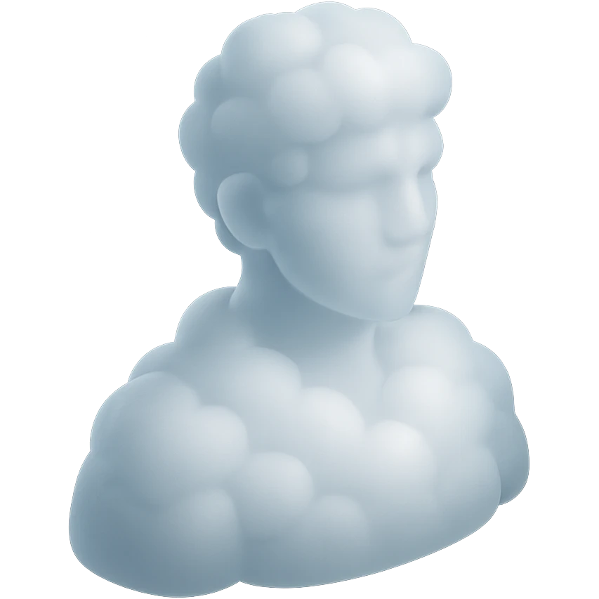 person looking straight, made entirely of white fluffy convex clouds, shoulder up, matte glass style, clouds with soft shadows emoji