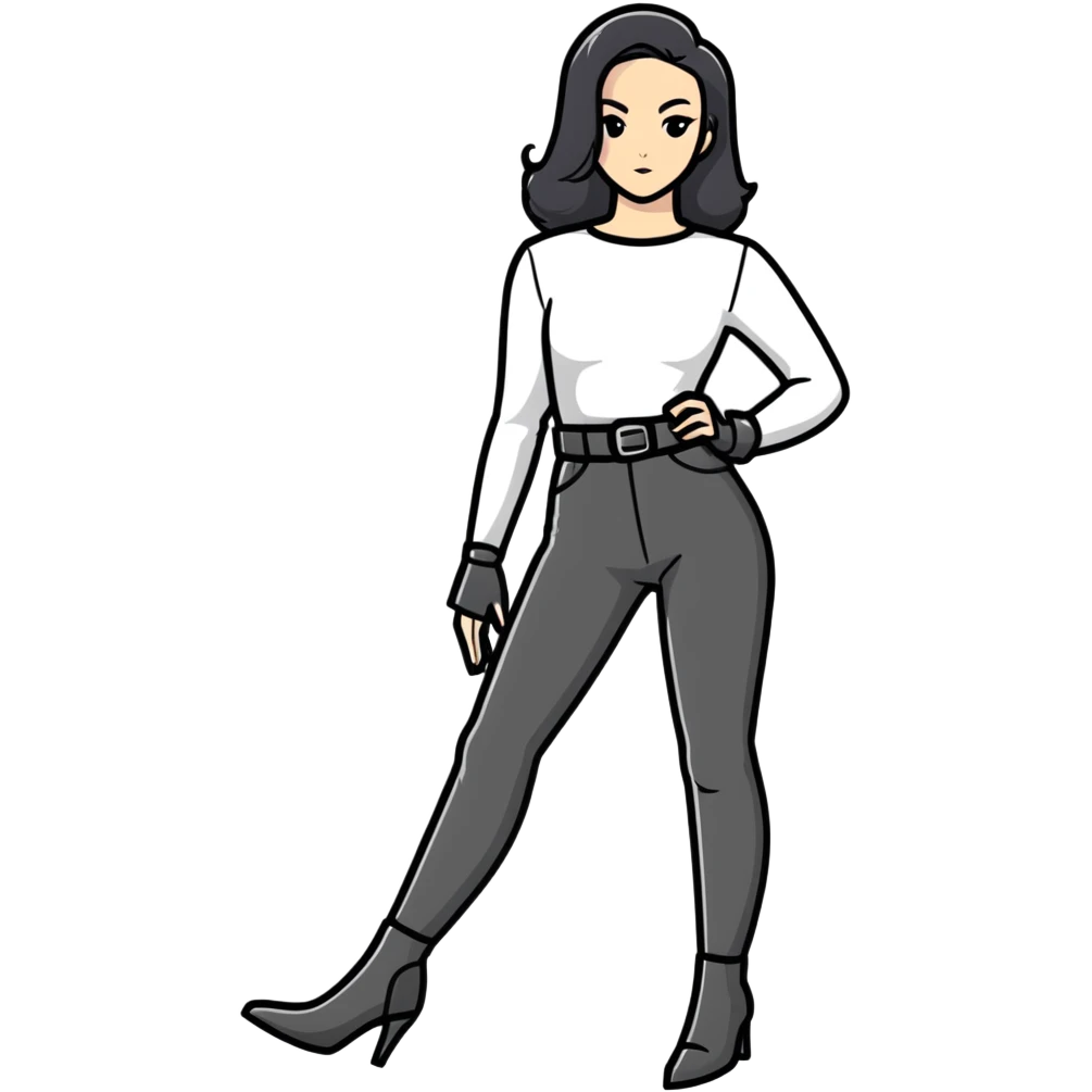 female character with oval-shaped flat-top head wearing tight black pants and black medieval high-heeled boots emoji