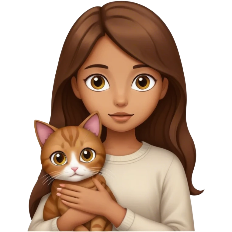 A girl with long brown hair and big eyes, holding a cat emoji