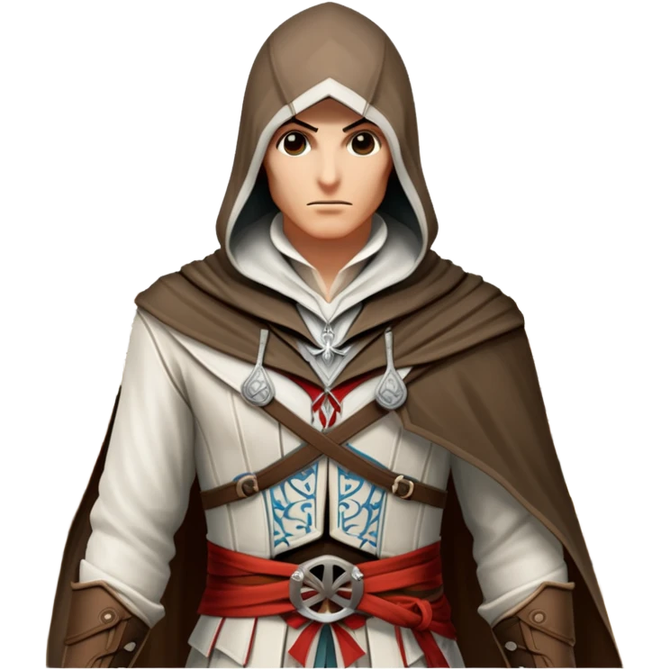 icon featuring Assasin's Creed in an iconic assassin's hood, standing tall against the backdrop of Florence. The design captures the essence of adventure, with intricate details of historical architecture and a sense of mystery. The character is poised, ready for action. transparent background. emoji