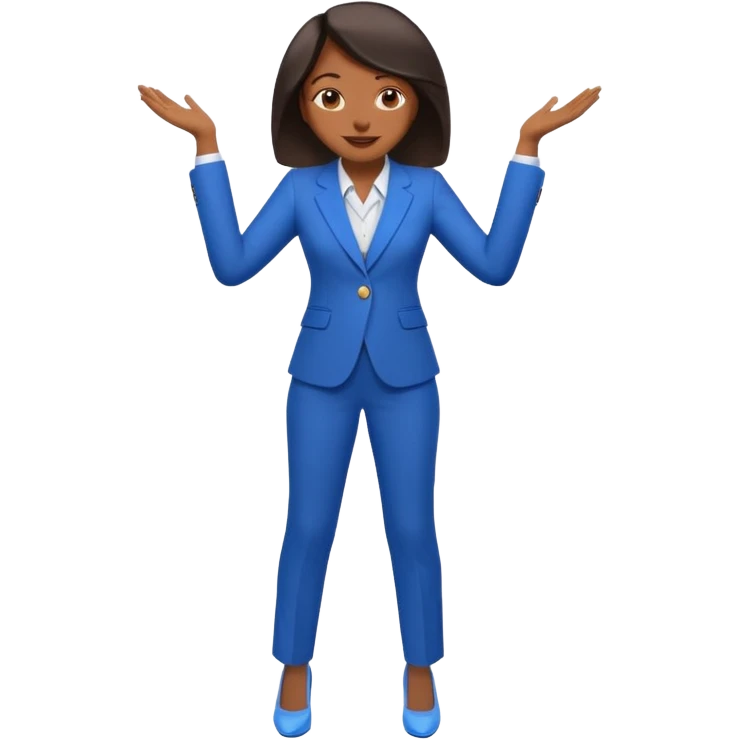 black woman in a blue smart suit and shoes, standing with hands by her side, cheerful expression, emoji style emoji