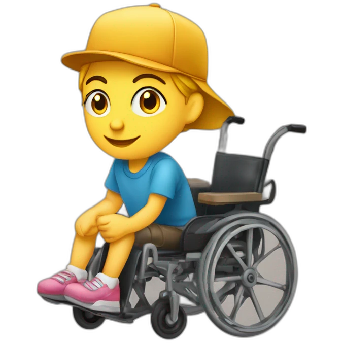 enfant assis sur un fauteuil roulant et sa soeur avec une casquette qui lève les bras en l'air emoji
