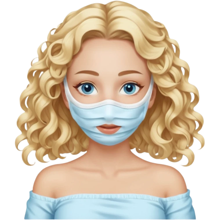 White girl- ocean blue eyes - beauty face mask massage -full care- blonde long curly hair  white off shoulder shirt emoji