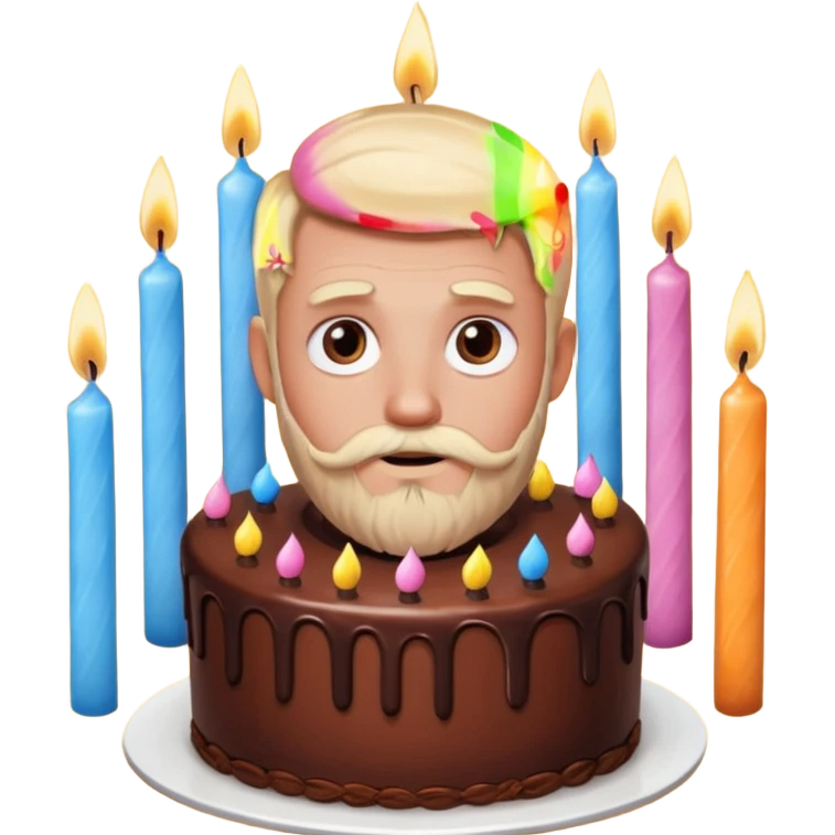 chocolate birthday cake with eyes and thin candles and blond beard emoji