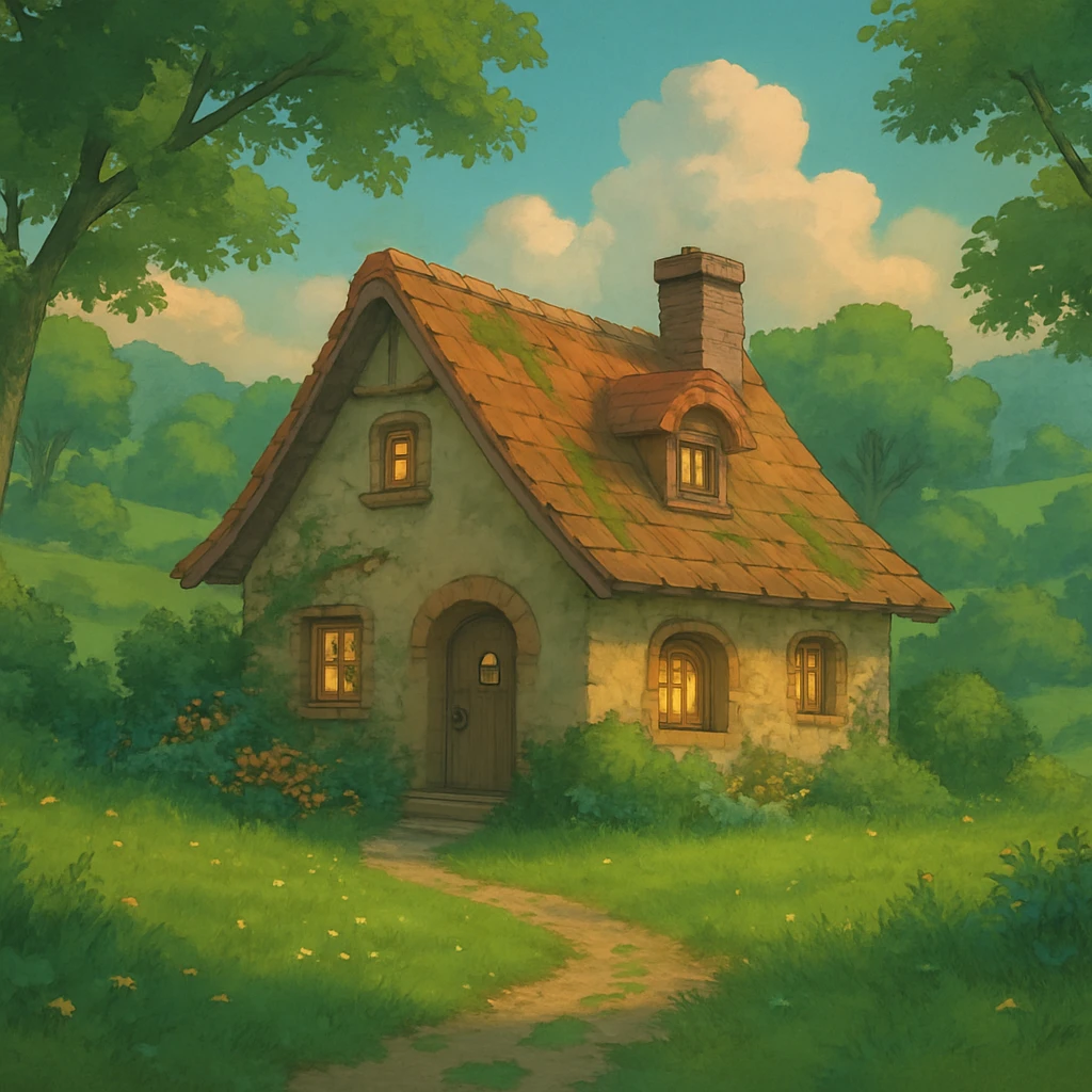 cozy cottage in a lush landscape with gentle lighting in ghibli style emoji