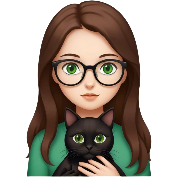Girl with glasses and long brown hair and green eyes holding a black cat emoji