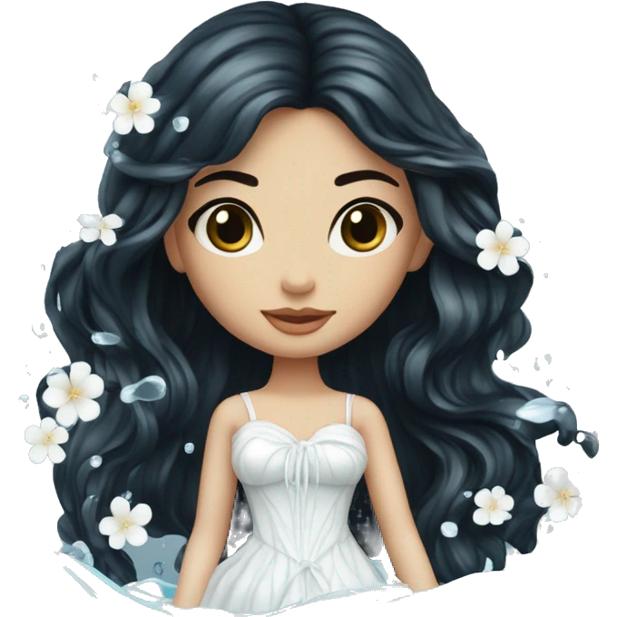 Pretty young Lady doll posing posed pose with long black hair flowers in hair white dress surrounded by flowing water water swirls waves emoji
